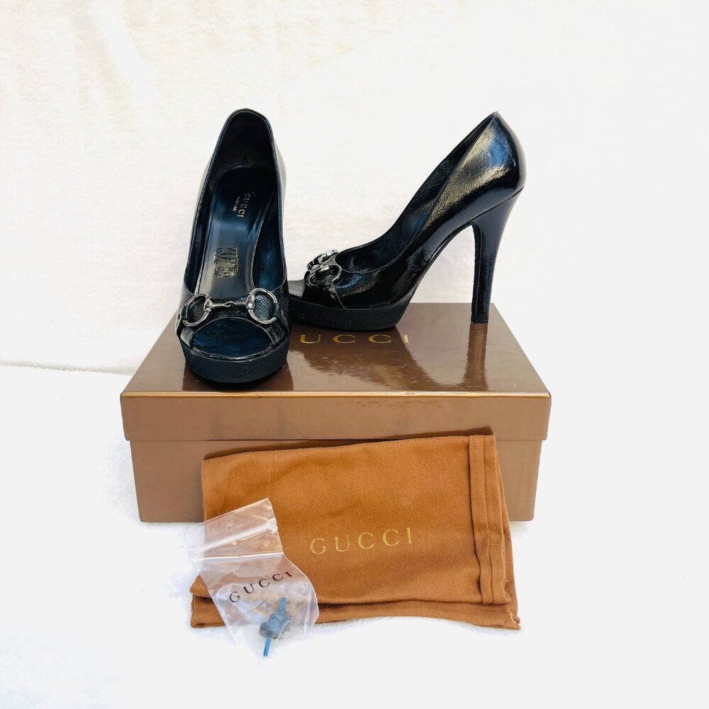 Auc Gucci Horsebit Patent Leather Open Toe Heels - Picture 11 of 12